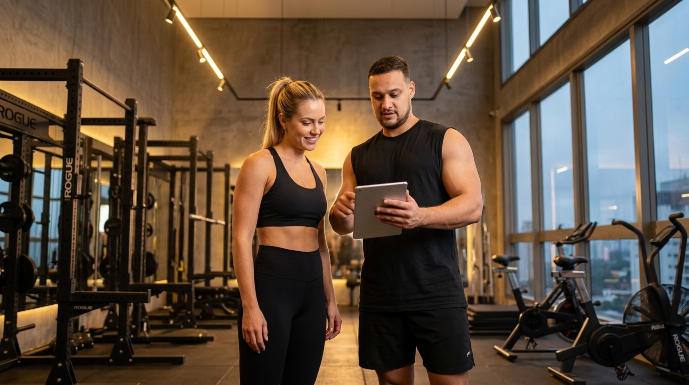 Jhone Max Personal Trainer apresentando consultoria de treino para aluna